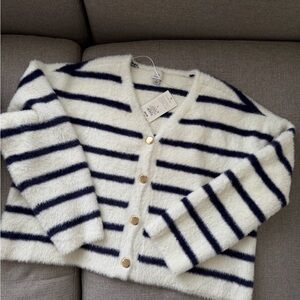 A New Day Women's Fuzzy Party Cardigan in cream and navy blue stripes size L